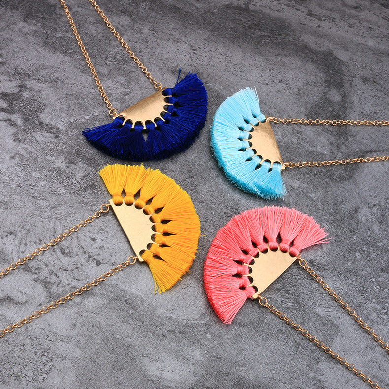 Fan-shaped Tassel Necklace - Blue